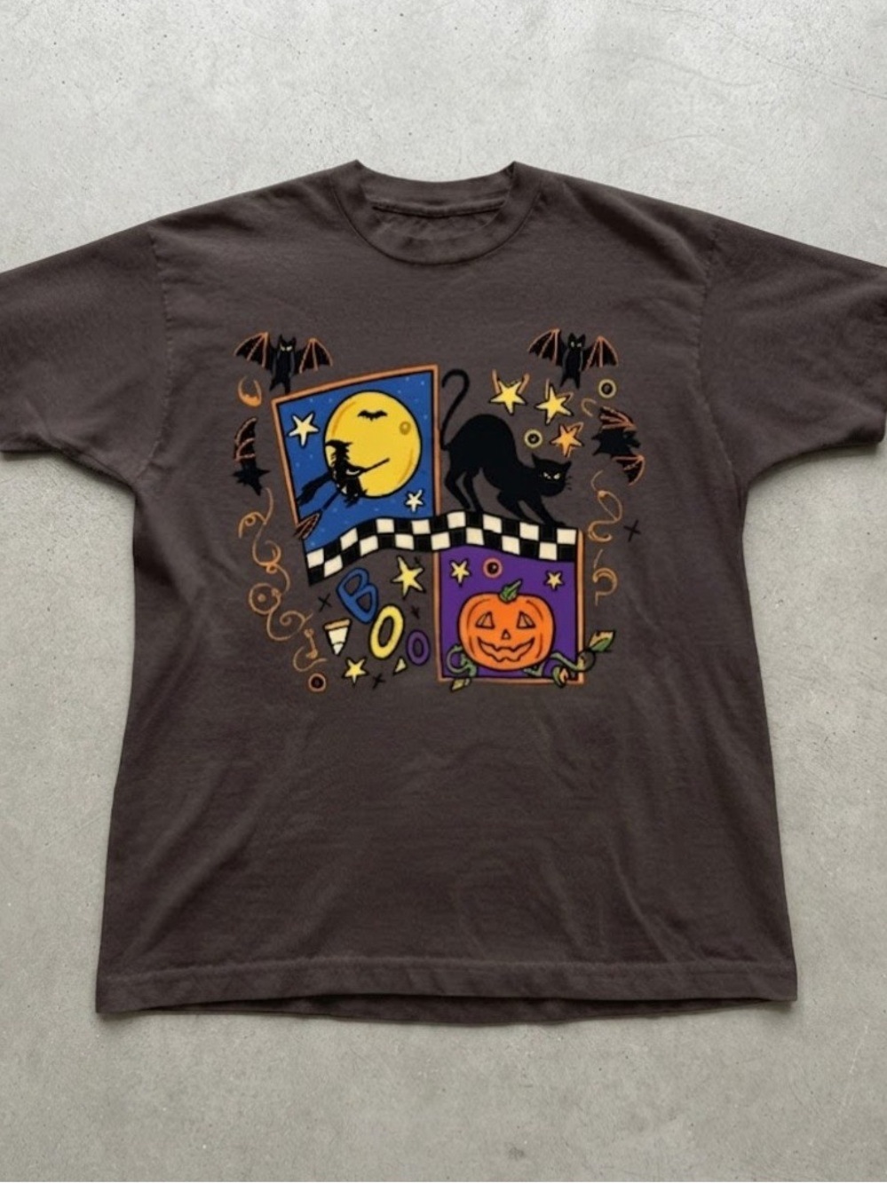 Halloween Witch Cat Moon Pumpkin Graphic Tee Brown Gildan T-shirt